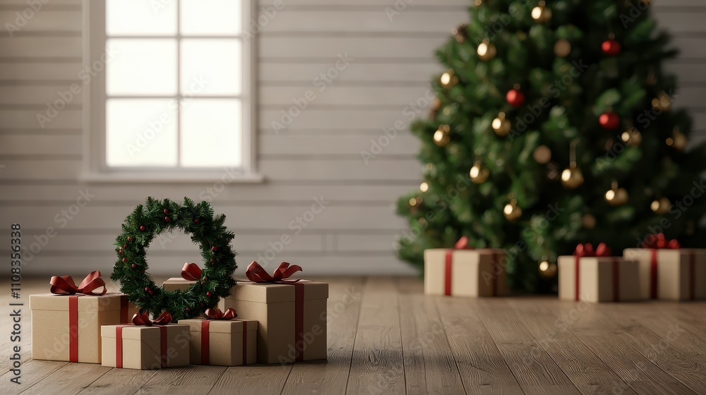 Obraz premium Festive Christmas Room Decor Presents Tree Wreath Wooden Floor