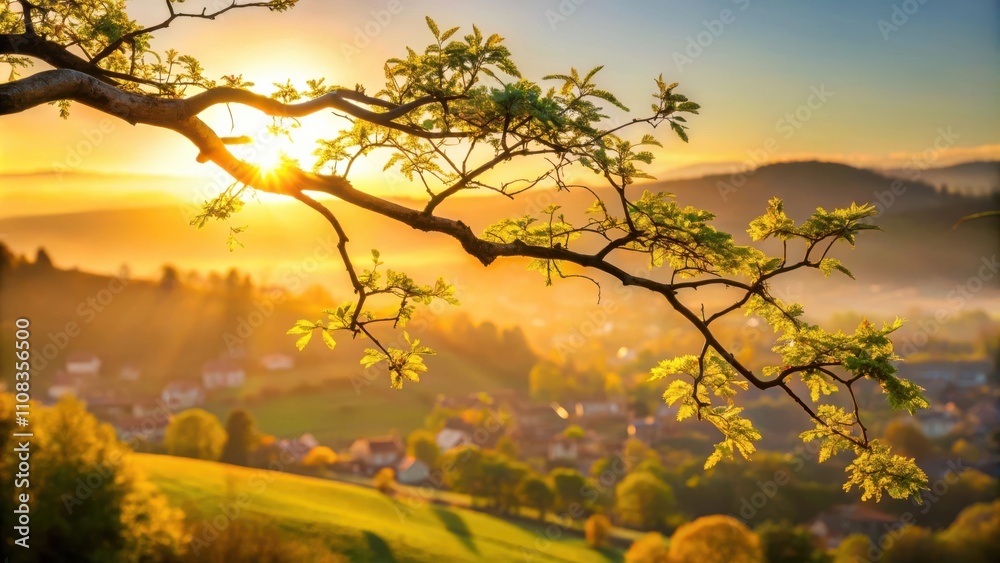 Fototapeta premium A tree branch silhouetted against a golden sunrise, showcasing the vibrant colors of nature and the tranquil beauty of a distant, rolling landscape.