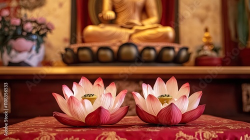 Serene Lotus Flowers in Buddhist Temple with Golden Buddha Statue