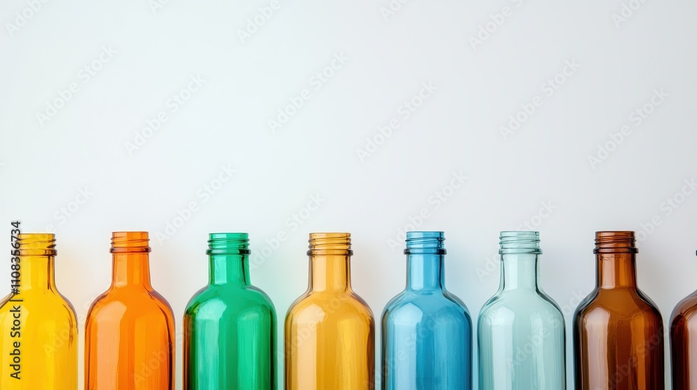 Colorful Empty Glass Bottles Row White Background Macro