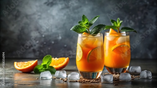 Two refreshing citrus cocktails garnished with mint and orange slices, served on a rustic table with ice cubes and a dark backdrop