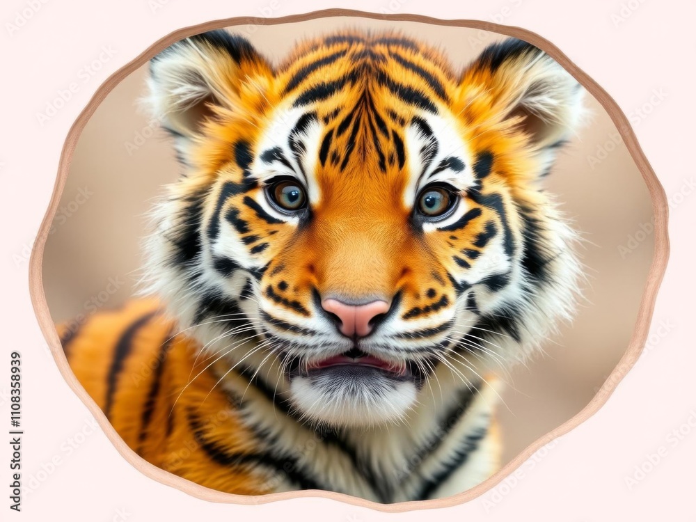 Obraz premium A cute tiger peeking out from a hole in a pastel background, centered in the frame, centered, animal, wildlife