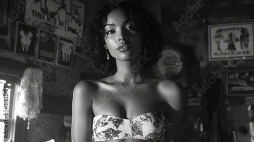 She is wearing a fitted crop top a floral skirt, which contrasts with the intricate and cluttered display above her. The background is dark, emphasizing the vibrant colors and textures of the objects