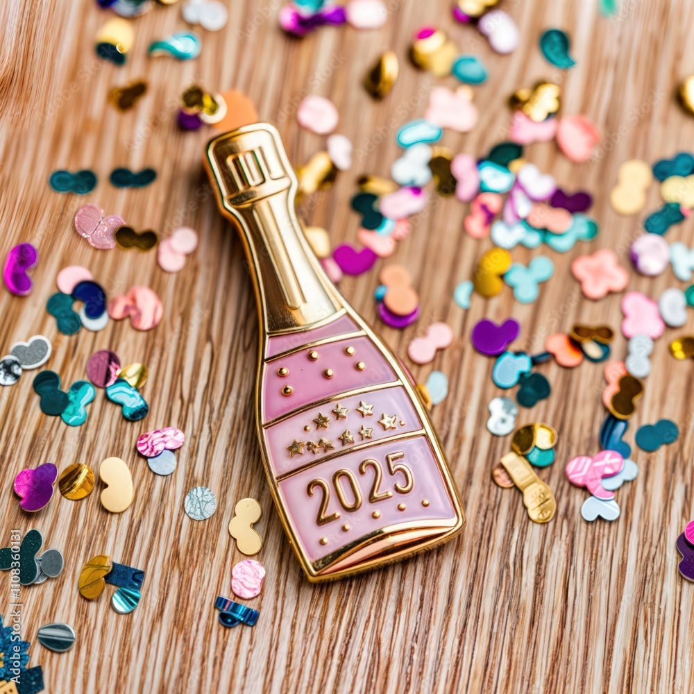Gold 2025 champagne bottle ornament with colorful confetti on wooden background