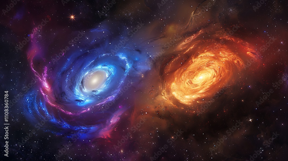 Obraz premium Cosmic Dance: Blue and Orange Galaxies Collide in Stellar Symphony