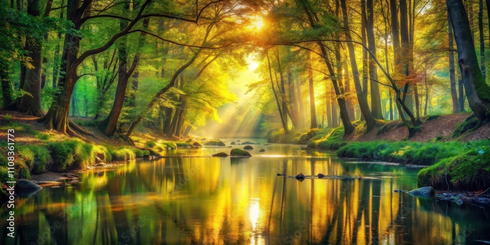 Obraz premium A serene woodland river bathed in the golden glow of dawn, with sunbeams filtering through the lush canopy, reflecting in the still water, creating a breathtaking spectacle of nature's artistry.