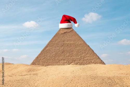 Christmas in the desert: santa hat on pyramid for holiday cheer and unique winter celebration, vacation travel to Giza photo