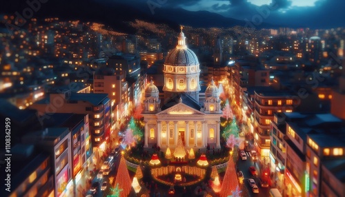 Christmas miniature with Tilt-Shift Photo effect. Christmas and New Year concept. Tilt-Shift effect of Christmas City night with many beautiful Christmas decorations and Christmas lights.