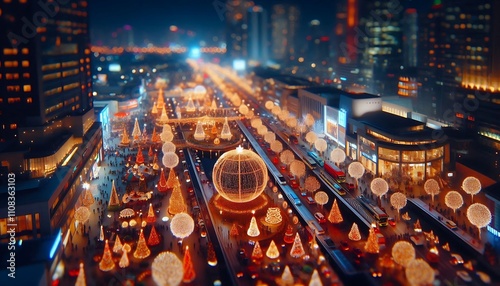 Christmas miniature with Tilt-Shift Photo effect. Christmas and New Year concept. Tilt-Shift effect of Christmas City night with many beautiful Christmas decorations and Christmas lights.