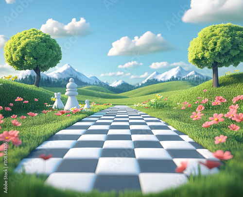 A clay-style checkered chessboard made of spliced grasslands with a simple centered background photo