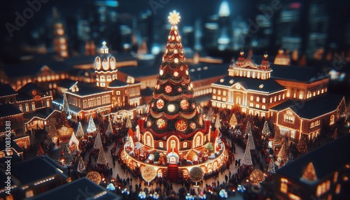 Christmas miniature with Tilt-Shift Photo effect. Christmas and New Year concept. Tilt-Shift effect of Christmas City night with many beautiful Christmas decorations and Christmas lights.