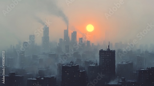 A city skyline cloaked in a gray haze of smog, the muted sun hanging low in the sky, its light filtered into soft, golden hues over the distant buildings, photorealistic details, cinematic framing.