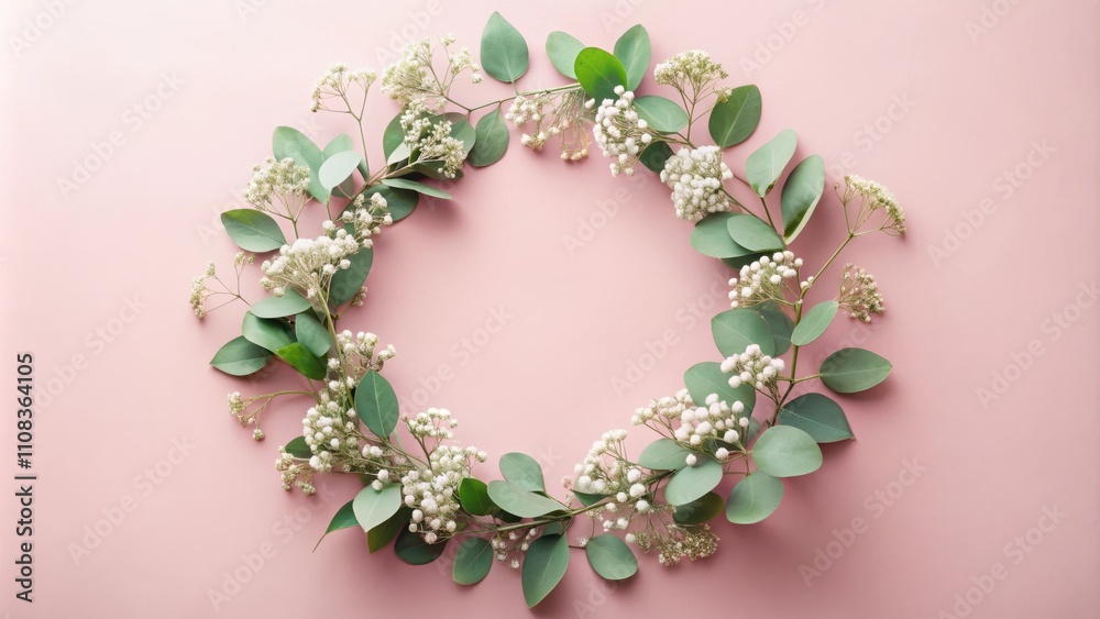 Obraz premium Delicate white blossoms and verdant leaves arranged in a circular pattern, creating a natural floral frame on a soft pink background.