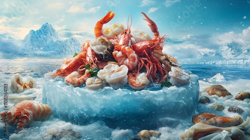 ice based with a lot of seafood including prawn, squid, fish , realistic direction with ocean background photo