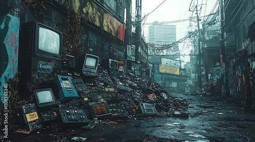 A desolate urban street corner littered with piles of discarded gadgets, including retro electronics and rusted circuit boards, surrounded by graffiti-covered walls under a dim overcast sky, photo