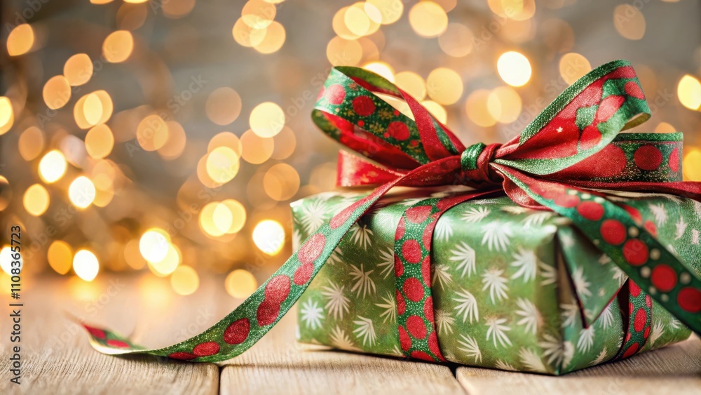 Obraz premium A Festive Green and Red Gift Box Adorned with a Glittering Bow, Against a Backdrop of Warm Golden Lights, Evoking the Spirit of Celebration and Joy