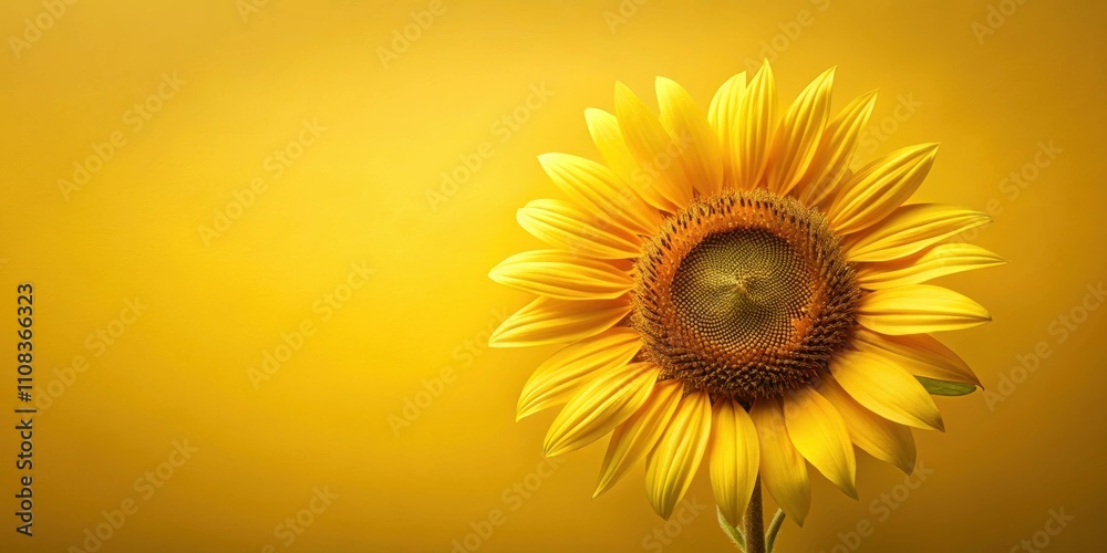 Obraz premium A single sunflower bloom, with vibrant yellow petals, stands against a backdrop of golden yellow, symbolizing warmth, optimism, and the beauty of nature.