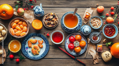 Wallpaper Mural Delicious assortment of traditional Chinese snacks and tea displayed on wooden table Torontodigital.ca