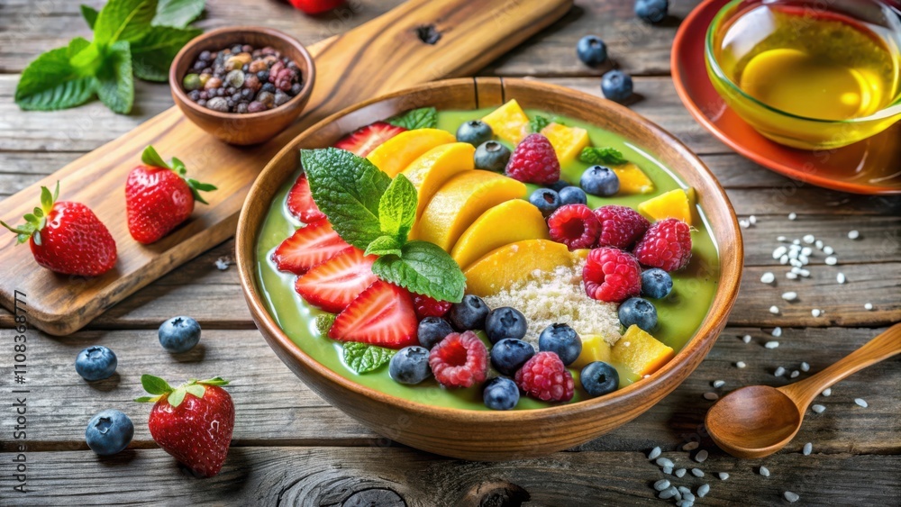 A Vibrant Green Smoothie Bowl Topped with Sliced Peaches, Strawberries, Blueberries, Raspberries, and Fresh Mint Leaves A Vibrant Green Smoothie Bowl Topped with Sliced Peaches, Strawberries, Blueberries, Raspberries, and Fresh Mint Leaves