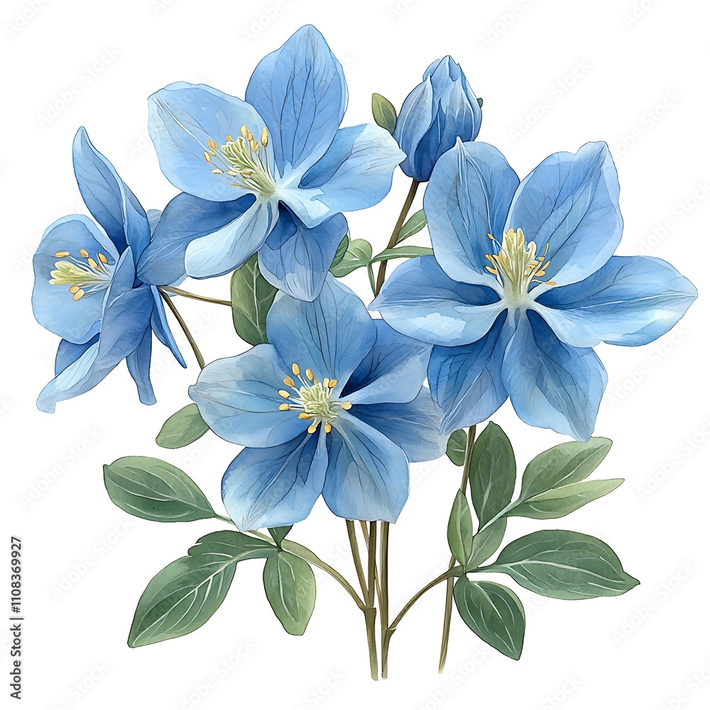 Naklejka premium A watercolor painting of a bouquet of delicate light blue flowers with green leaves, isolated on a white background.