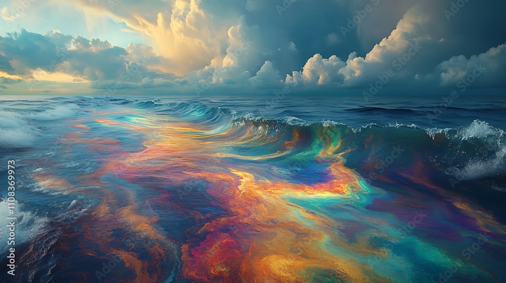 Fototapeta premium A shoreline stained with an oil spill, the water's surface shimmering with iridescent rainbow hues, oil slicks blending into the waves under a dramatic cloudy sky, photorealistic rendering,