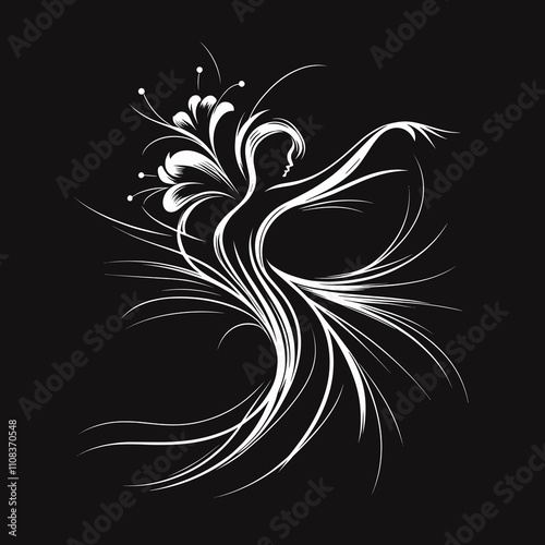 Black and white silhouette of a dancing woman, girl