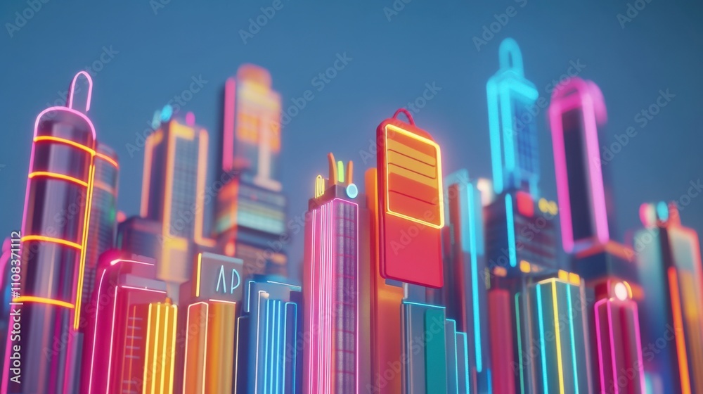 Obraz premium Neon Cityscape with Colorful Skyscrapers and Futuristic Design