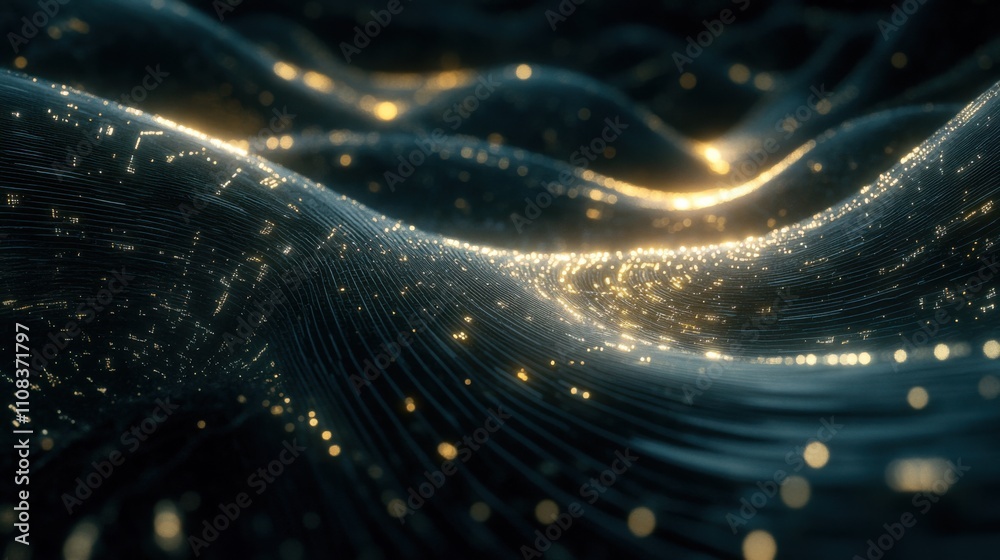 Fototapeta premium Abstract Waves of Light in a Dark Background with Glittering Spots