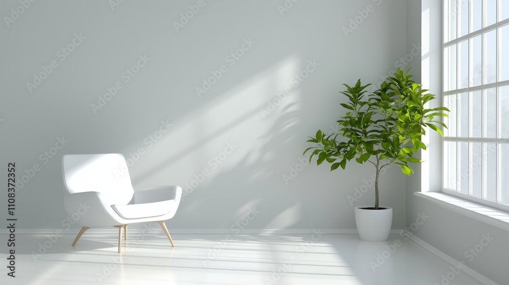 Bright and Minimalist Interior with White Chair and Green Plant by the Window Bright and Minimalist Interior with White Chair and Green Plant by the Window