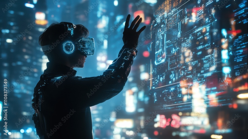 Fototapeta premium Futuristic VR User in Cyber City with Digital Interface Interaction