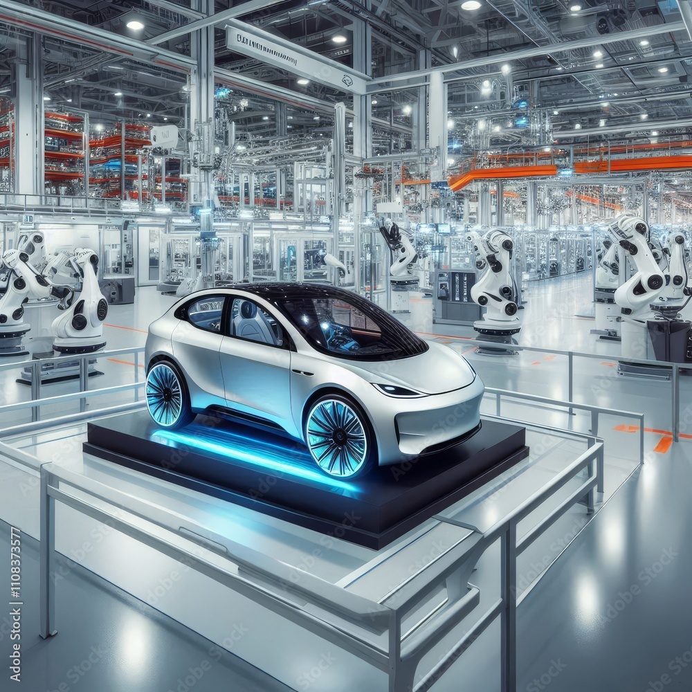 Obraz premium Modern electric car in a high-tech manufacturing facility showcasing advanced technology and robotics in automotive production