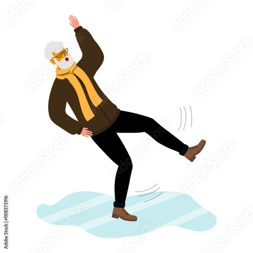 Elderly man slips on ice while walking outside in wintertime wearing warm clothing