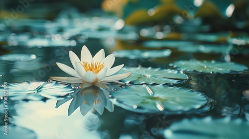 Serene white lotus flower floating on calm water