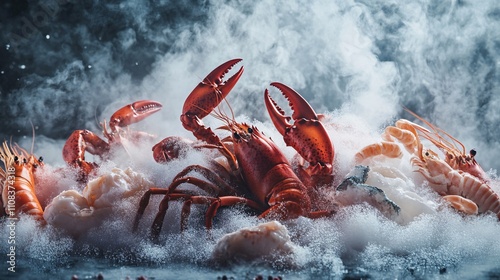 ice based with a lot of seafood including prawn, squid, fish , realistic direction with ocean background photo