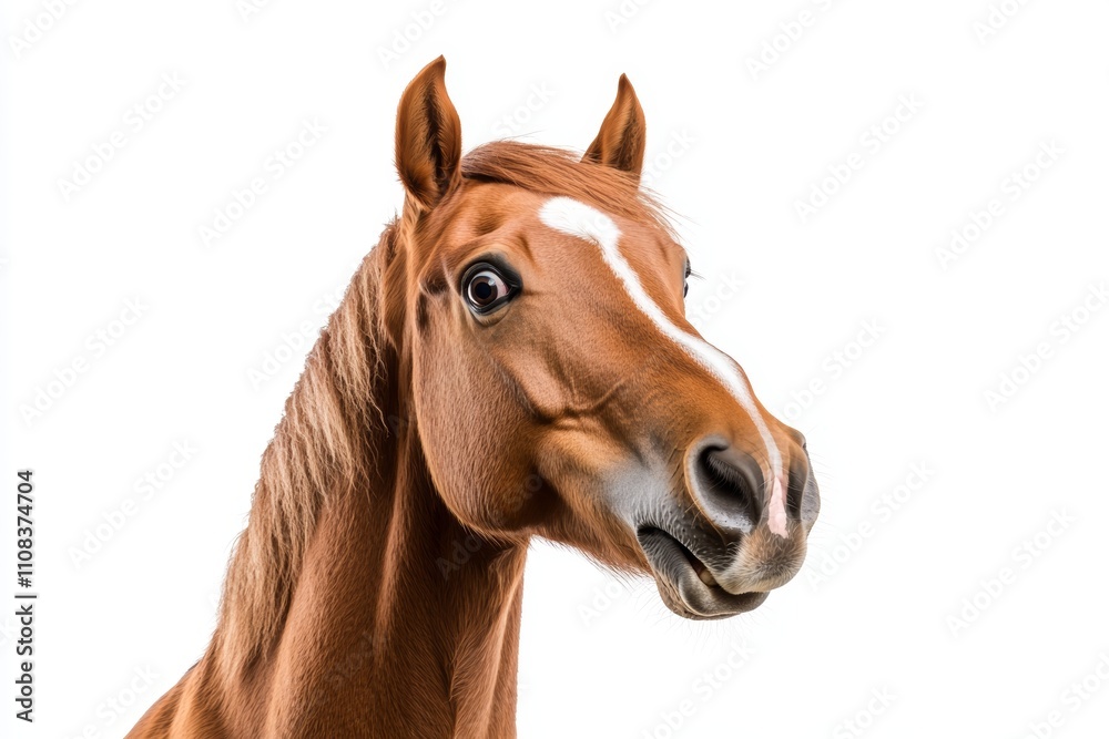Fototapeta premium Close-up of a surprised chestnut horse on white background