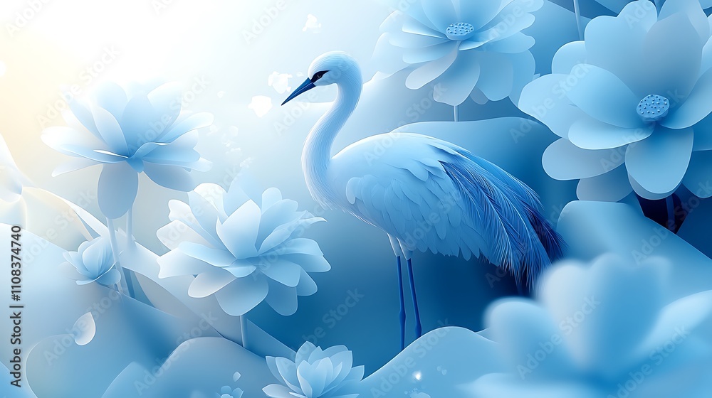 Fototapeta premium A crane standing beside a bed of lotus flowers, flowing silk ribbons in soft pastels adorning the background, warm sunlight highlighting the scene, detailed feathers and delicate floral textures,