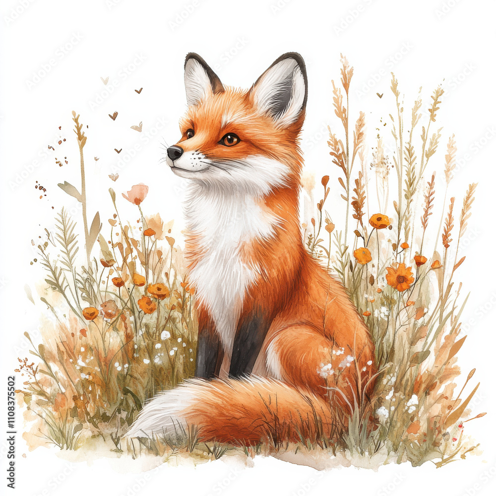 Fototapeta premium charming fox sits among wildflowers in vintage watercolor style