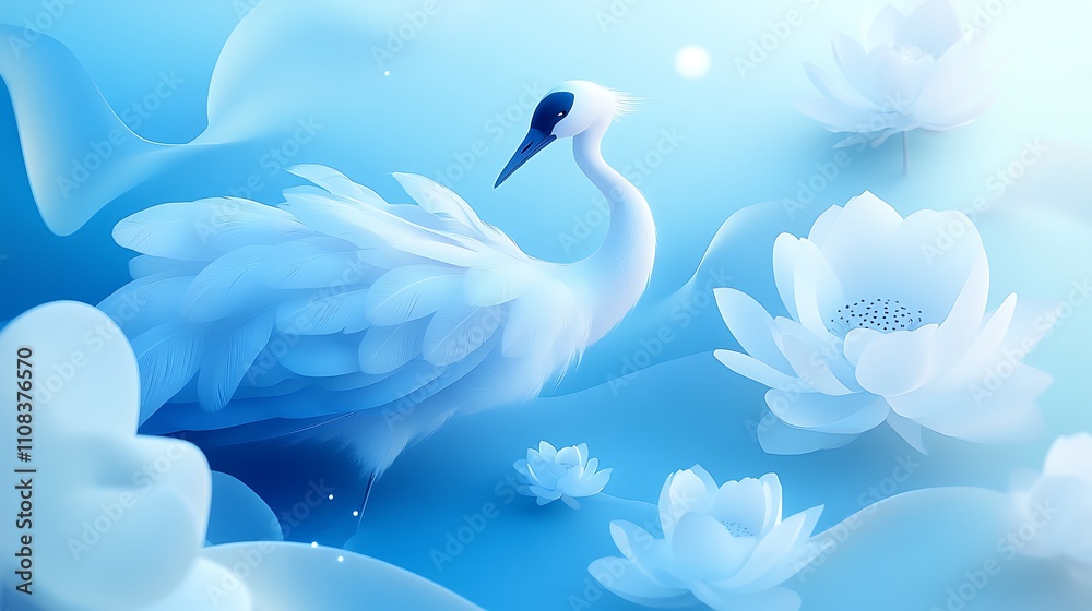 Fototapeta premium A graceful crane perched near vibrant lotus blossoms, flowing silk ribbons creating elegant patterns in the air, sunlight casting warm highlights, intricate textures in feathers, flowers, and ribbons,