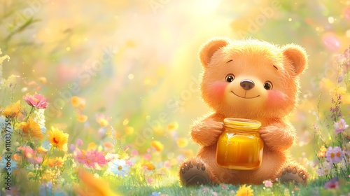 A cute bear holding a jar of honey in a vibrant flower-filled landscape.