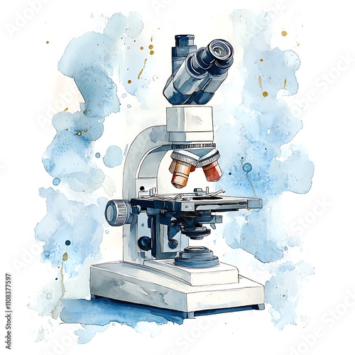 Watercolor illustration of a classic light microscope against a blue watercolor background.