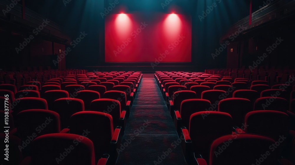 Fototapeta premium Empty cinema theater with rows of red seats, dim lighting, and a large screen at the front, creating a quiet, waiting atmosphere