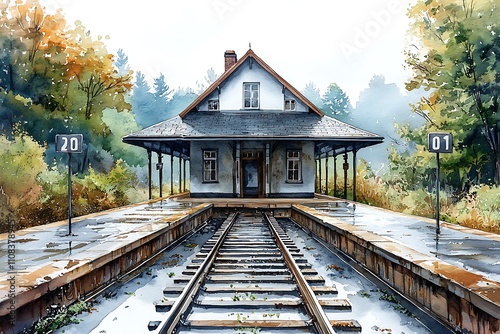 Wallpaper Mural Watercolor Painting of a Rustic Train Station Platform on a Rainy Day. Torontodigital.ca