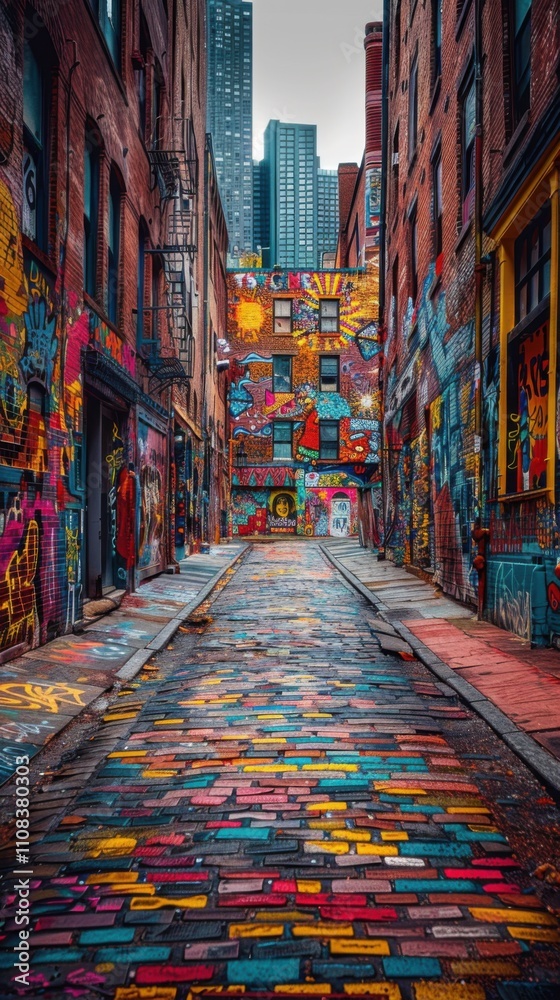 Fototapeta premium Graffiti covered street with brick buildings and colorful graffiti on the walls