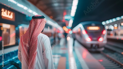 An Arabic man wearing a red Saudi bisht and white shirt, seen from the back, standing at a station near a high-speed train, queuing to board.