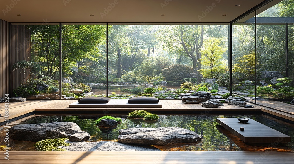 Fototapeta premium Serene Indoor Space with Natural Element Views