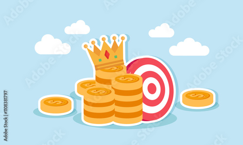 A stack of dollar coins with a crown on top and a target board in the background, illustration of profits gained by achieving business targets