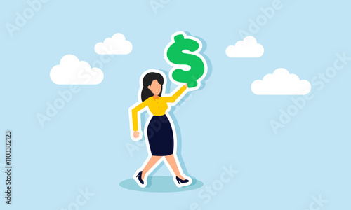 Happy businesswoman walking while carrying and lifting a dollar sign, illustration of profit and business revenue earned in a company
