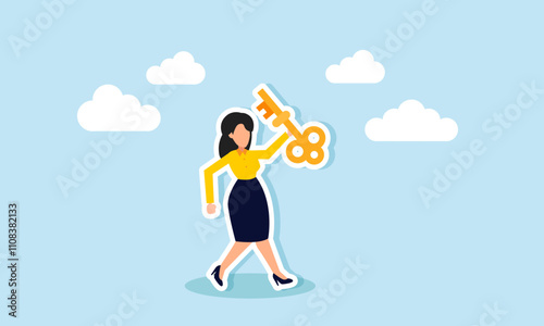 Happy businesswoman walking while carrying and lifting a key, illustration of finding solutions to business challenges