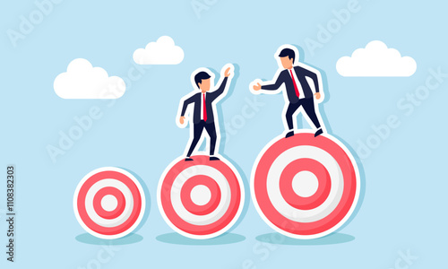 A businessman helping another businessman standing on a smaller target board, illustration of assisting a team in achieving business targets