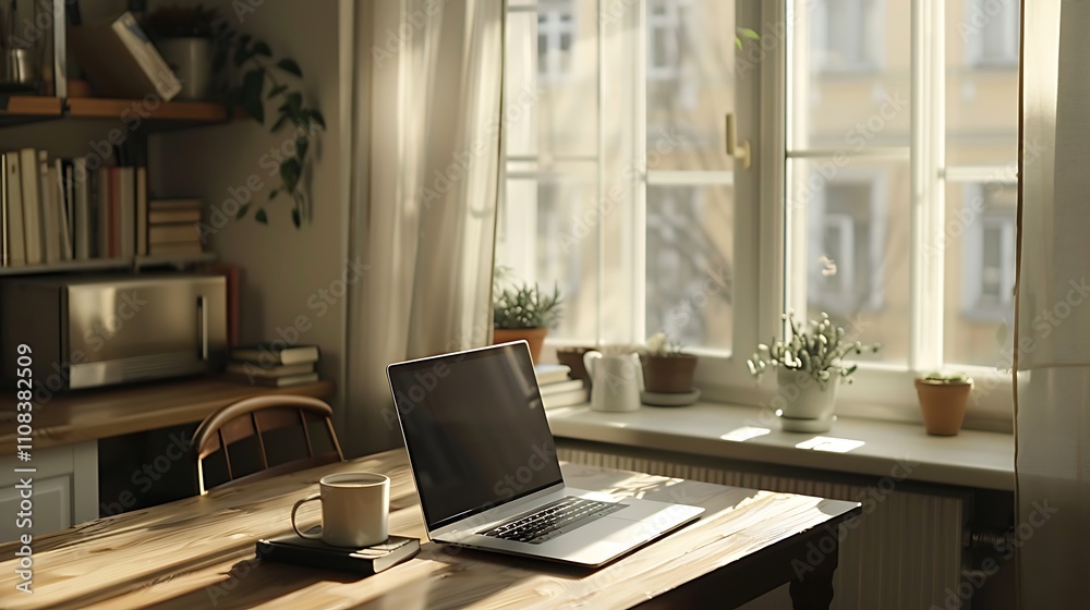 Fototapeta premium Laptop computer with blank screen on wooden table